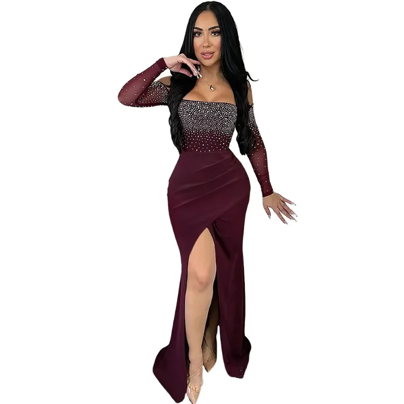 Robe longue moulante à manches longues pour femmes, diamants et strass, Sexy, col Slash, fendue, robes de soirée d'anniversaire, 2025
