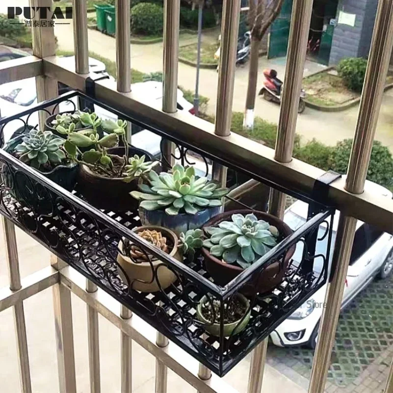 Hanging Iron Flower Stand Rectangle Window Shelf Balcony Plant Pots Flowerpot Wall Hanging Meaty Railing Flower Rack with hook