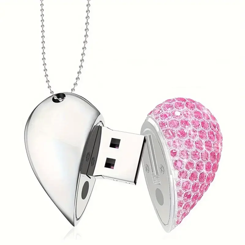 LOGO con incisione laser personalizzato gratuito Metallo argentato Modello cuore di cristallo rosa Chiavetta USB 2.0 ad alta velocità 4 GB 8 GB 16 GB 32 GB 64 GB