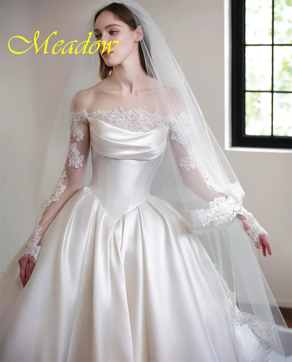 Мечтательное белое атласное свадебное платье по индивидуальному заказу, официальное свадебное платье с вырезом лодочкой и длинными рукавами, мягкое трапециевидное платье со шлейфом, Vestido De Novia