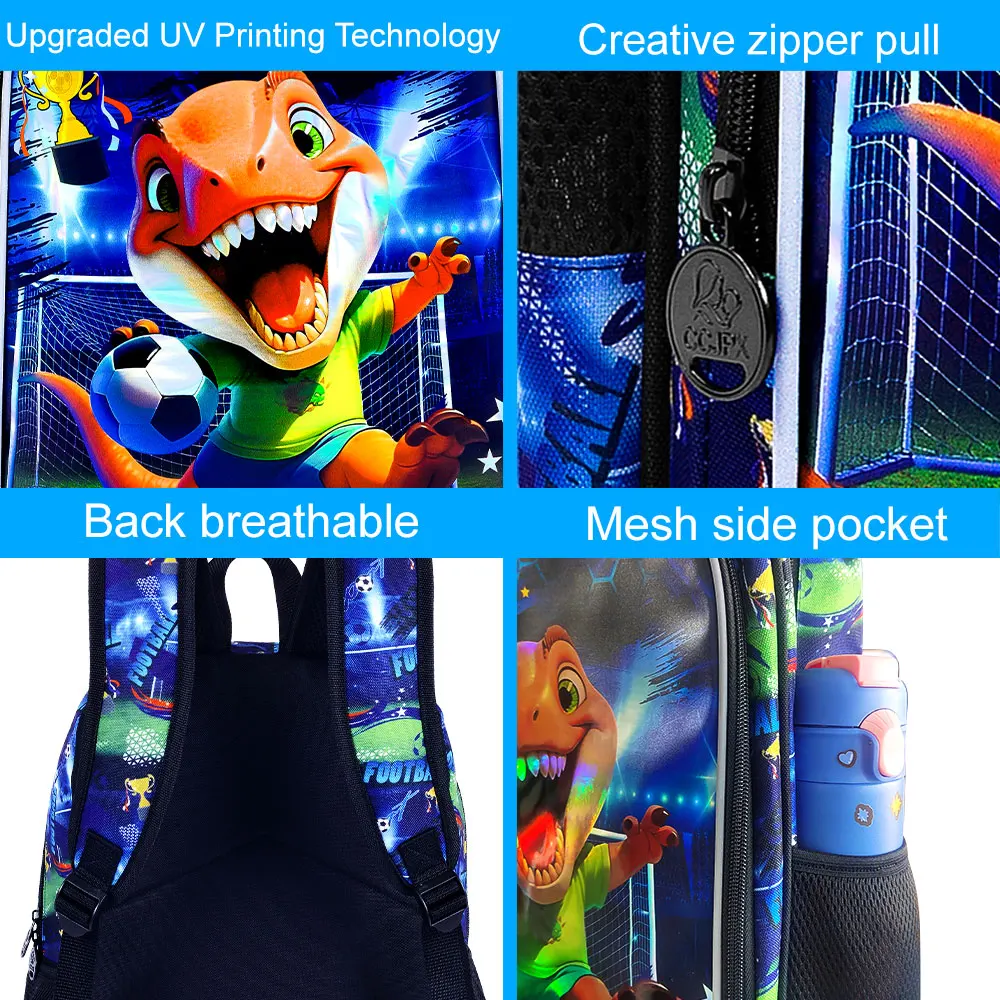 Kids backpack 16Inch 3PCS, UV Soccer Dinosaur Large Capacity Lightweight Set, One Backpack,One Handbag,One Pencil Case