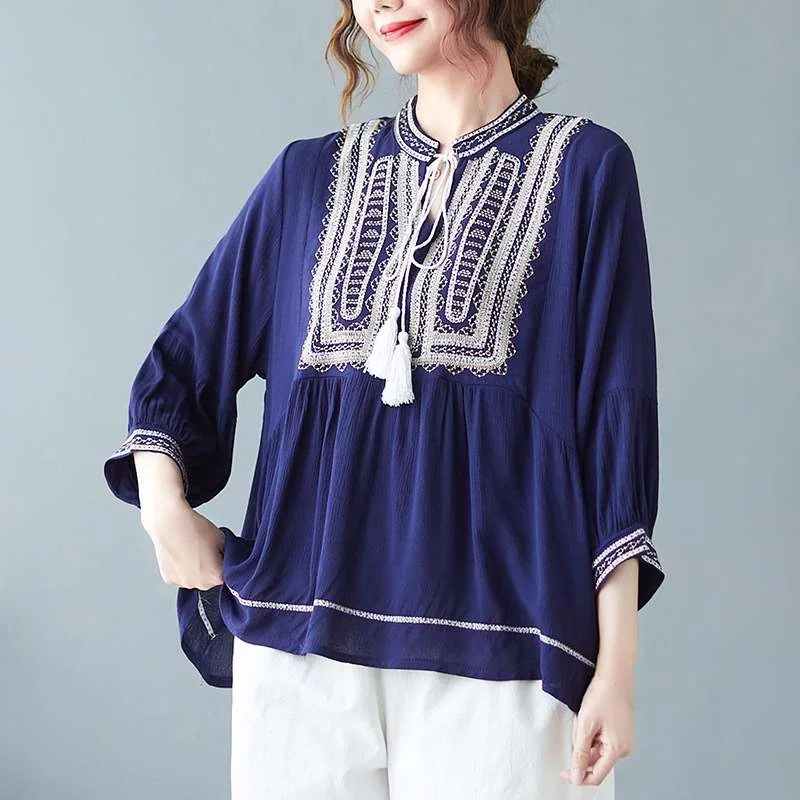 Femmes lin irt broderie ample rétro coton v-ne ort Sve Vintage Design littéraire printemps Faion haut pour femme