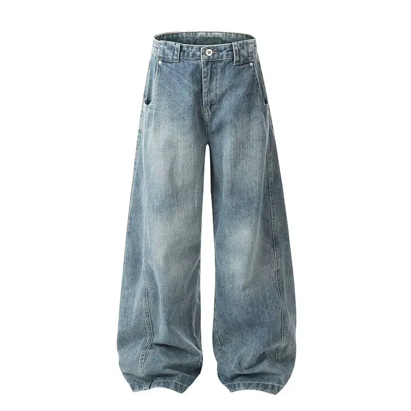 Korean Retro Bamboo Patterned Wide Leg Pants For Men Curved Knife Jeans Casual Loose Straight Leg Pants Summer Denim Pants