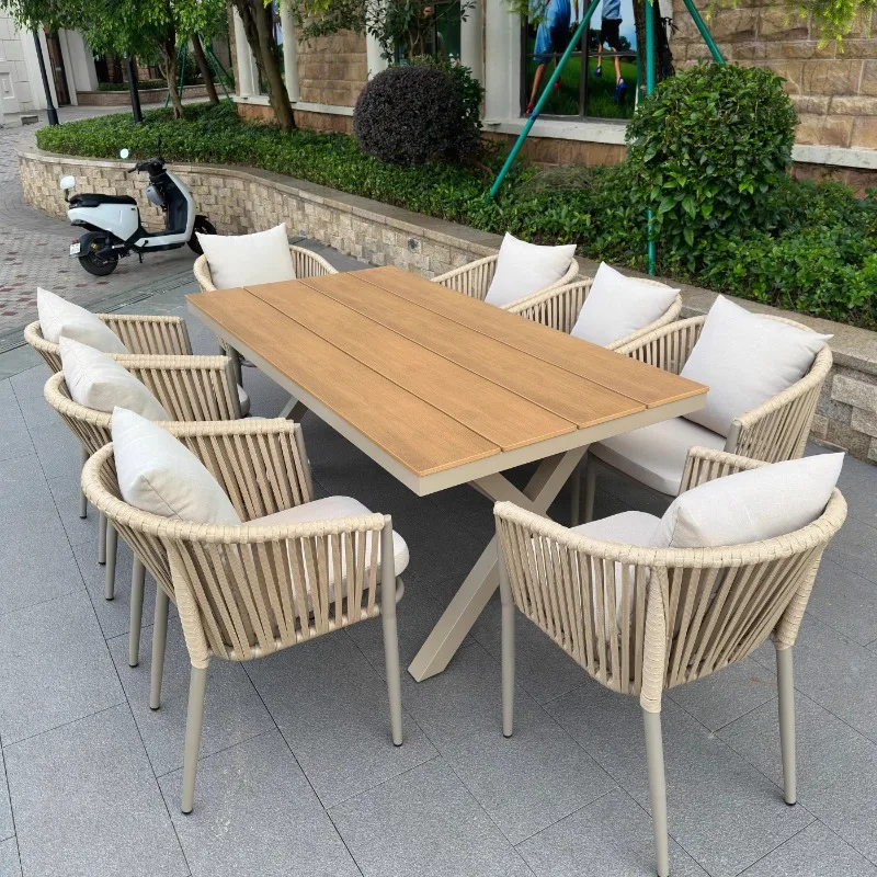 

Table and chair courtyard villa outdoor garden terrace rattan chair combination open-air rattan aluminum alloy plastic wood tabl