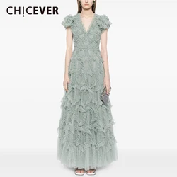 CHICEVER Heart Partern Spliced Ruffles Dresses For Women V Neck Short Sleeve High Waist Patchwork Zipper Party Long Dress Female