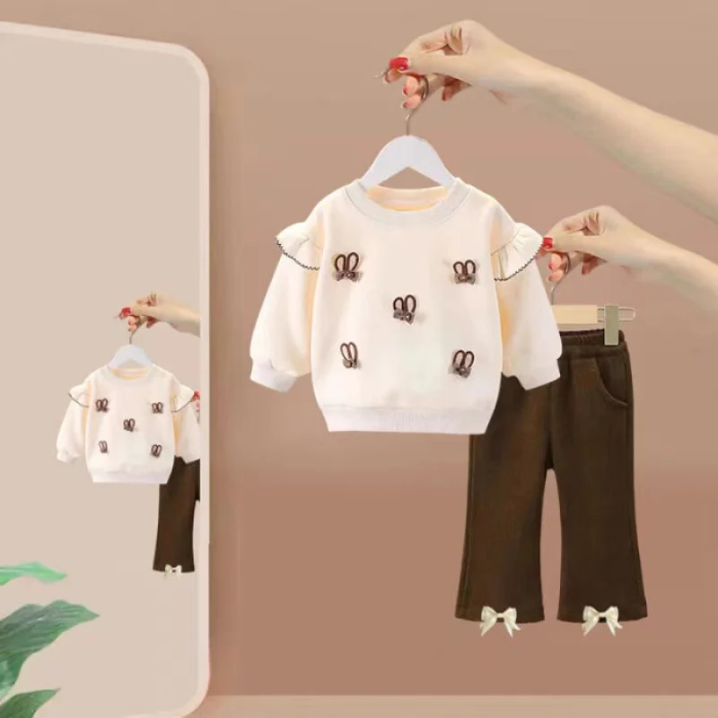 2026 Girls Sets Spring Autumn Ruffle Rabbit Ear Sweatshirt+Pants 2Pcs Kids Long Sleeve Clothing Suits Children Sweet Outfits 2