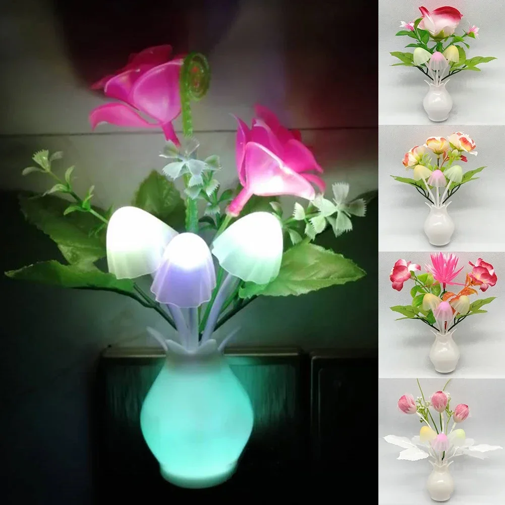 1Pc US Plug Rose Flower Wall Light Led Night Light With Sensor Plug-in Auto Switch Mushroom Night Lamp Home Living Room Decor