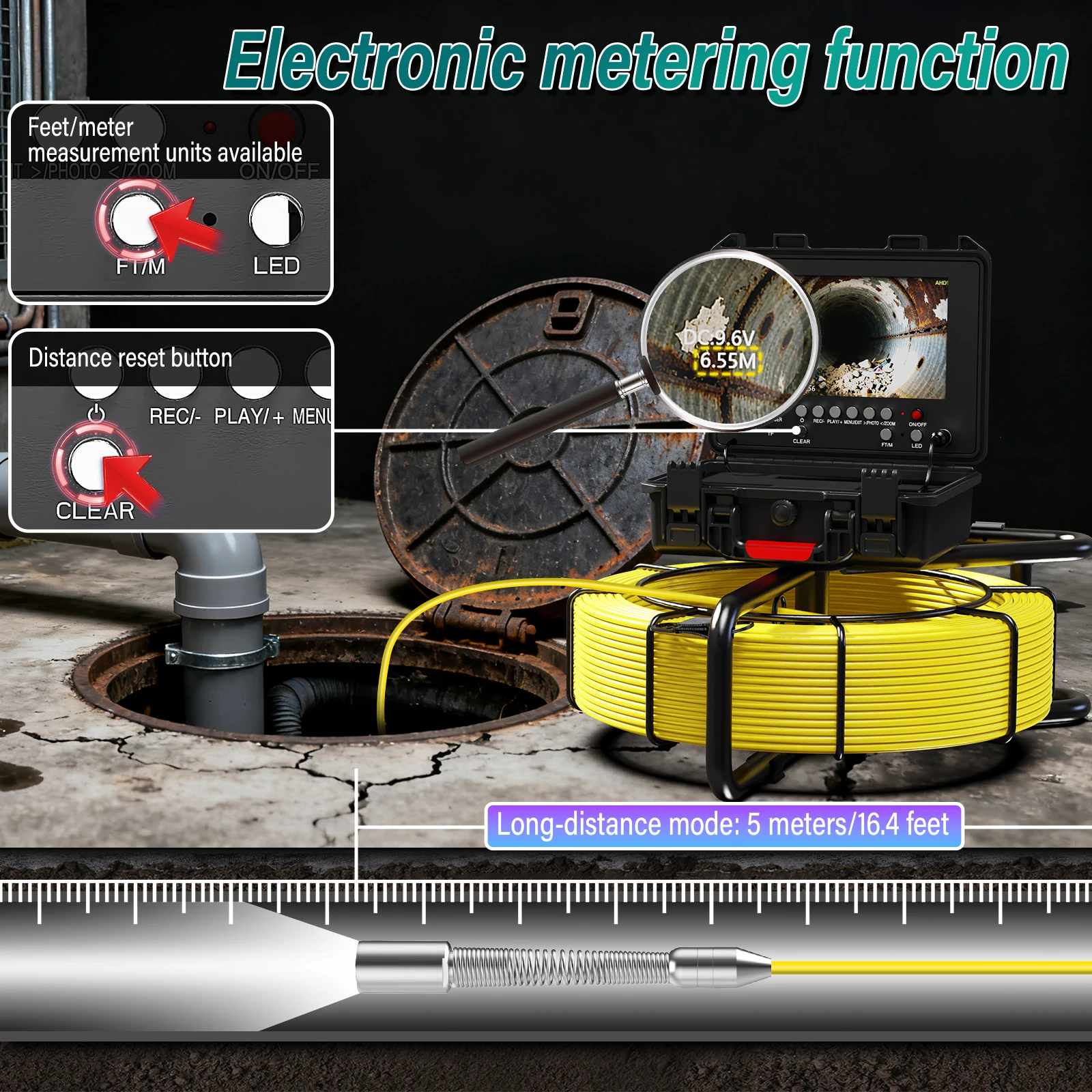 Sewer Inspection Camera, 512Hz Self-Leveling Camera with Meter Counter, IP68 Waterproof Sewer Endoscope 12Pcs LEDs 200ft