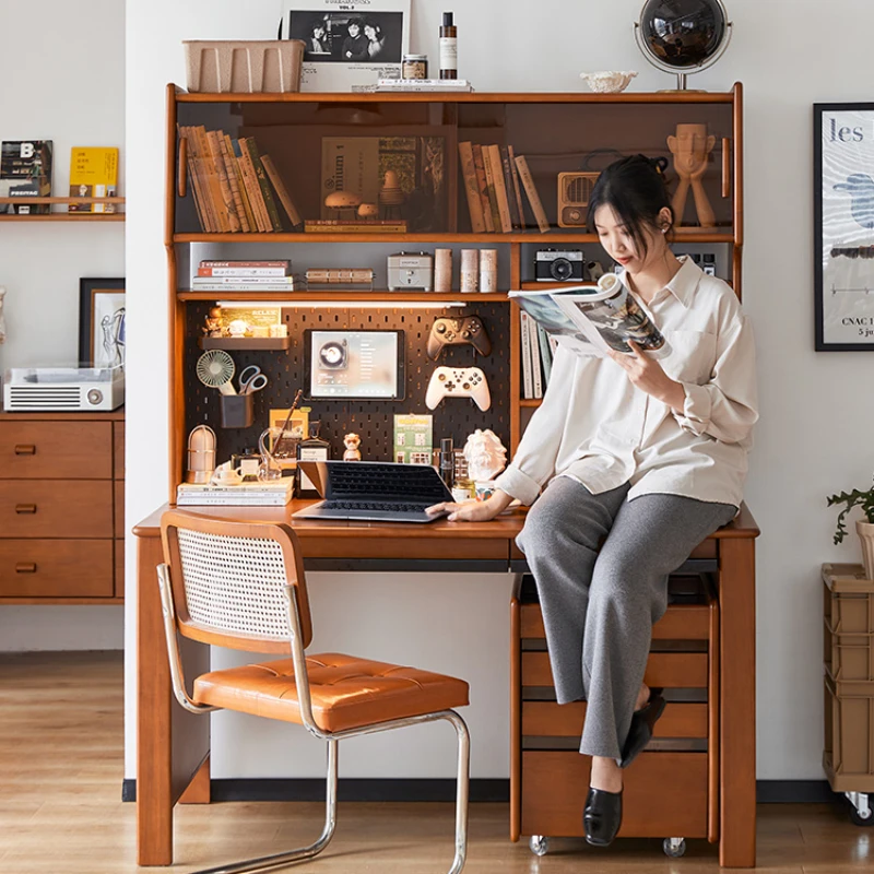 Solid wood desks, shelves, and cabinets integrated for students to study antique style furniture, retro home office computers