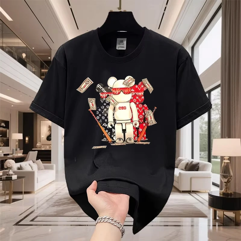2026 Trendy Brand Summer Society Guy Cartoon Bear Half-sleeved Men's and Women's Silk Cotton Short-sleeved T-shirt Trendy Top