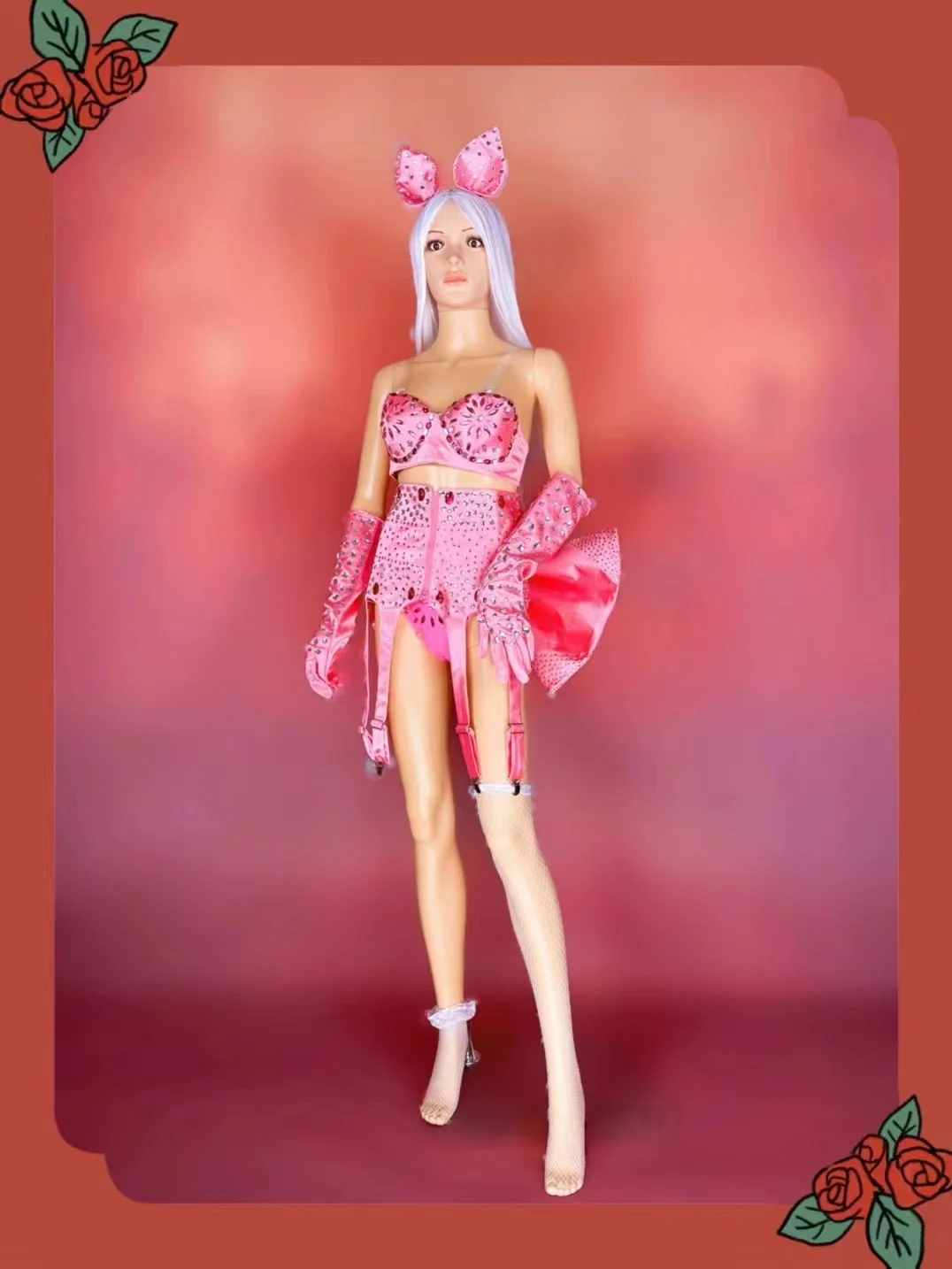 Sexy Pink Rhinestone Bikini Suit Pole Dance Costume Party Carnival Rave Outfit Nightclub Dancewear Drag Queen Costume VDB6406