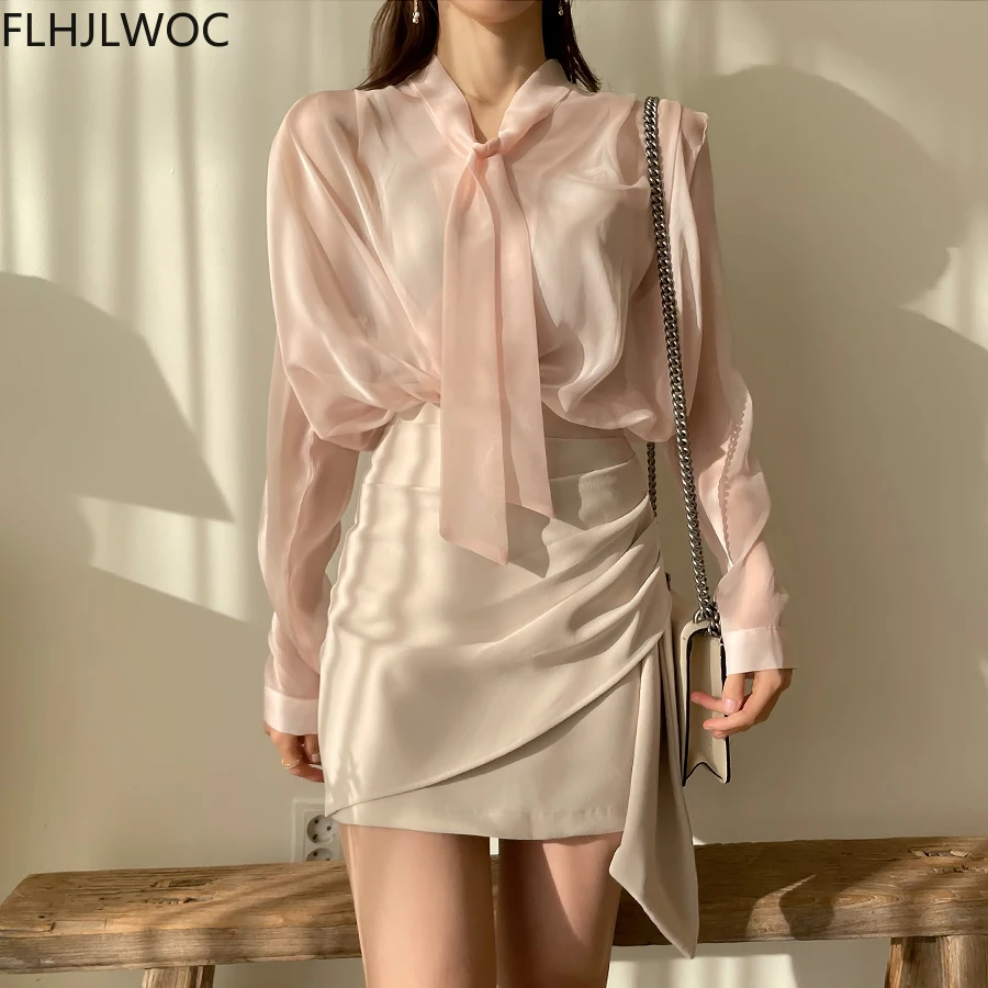 Flhjlwoc-blusas rosa de gravata borboleta para mulheres, senhora do escritório, elegante, bling, fino, sexy, botão transparente, tops chiques, moda