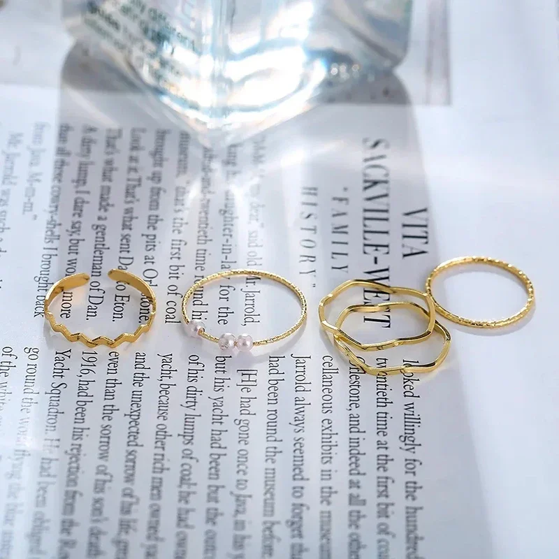 Набор из 5 простых волнообразных золотых колец для женщин - винтажные.