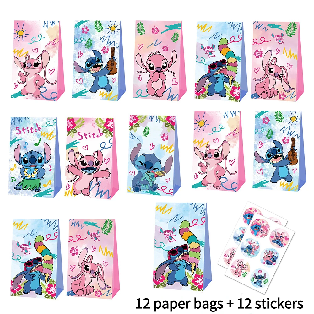 

24pcs Disney Lilo & Stitch Cartoon Gift Bag Stickers Set Candy Bag Action Figure Toy Birthday Party Decorate Supplies Kids Gifts