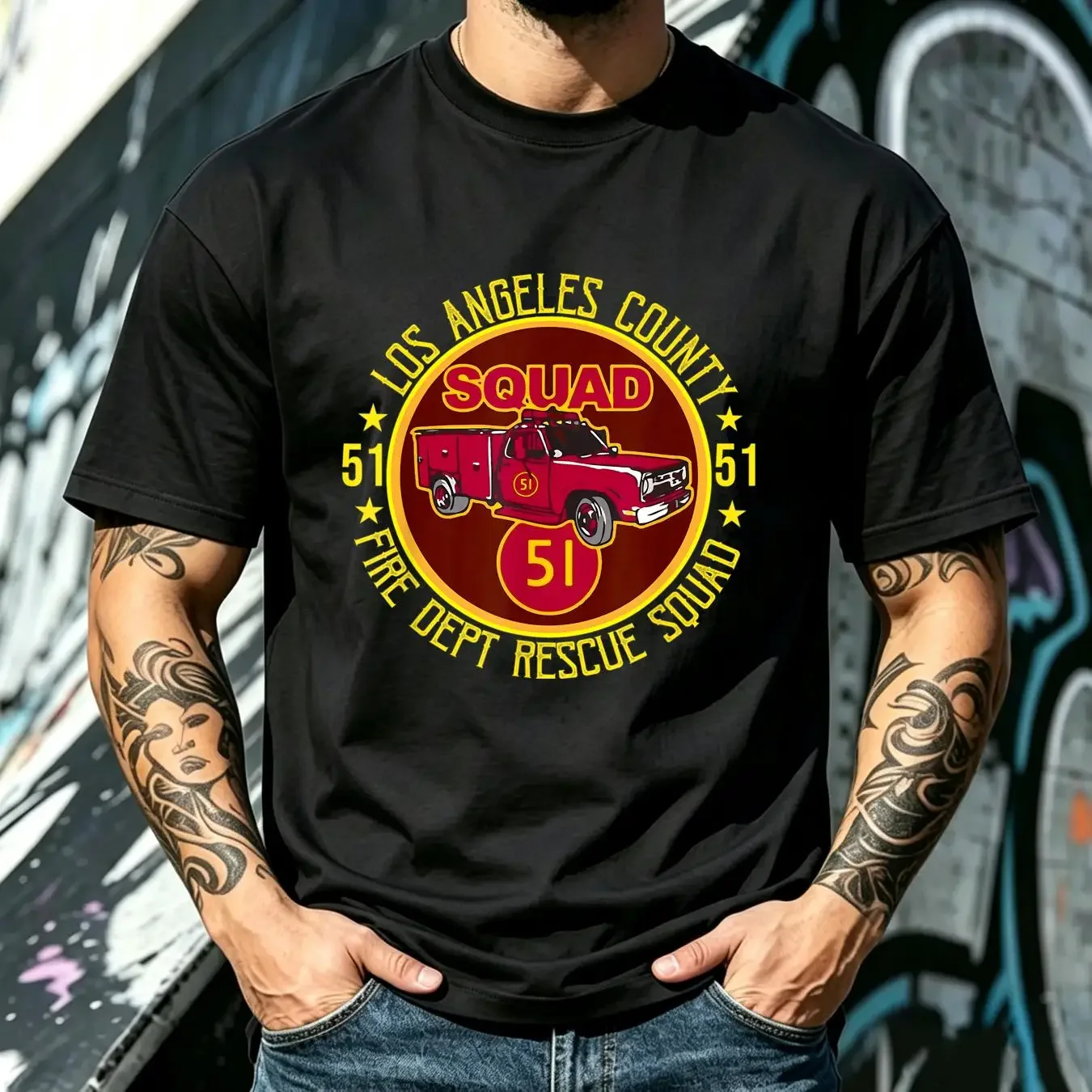 washed T Shirt Truck Side 51 Emergency Squad Logo Essential vintage Washed graphic Top For Everyday Wear Versatile Comfortable