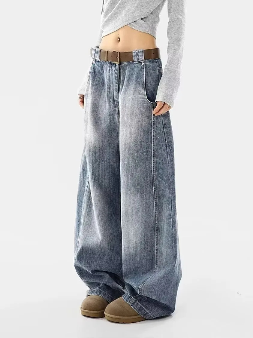 Осень 2023, новый стиль, джинсовая женская американская уличная одежда с изогнутыми ножками, потертые свободно облегающие джинсовые брюки в стиле ретро, стильная повседневная одежда