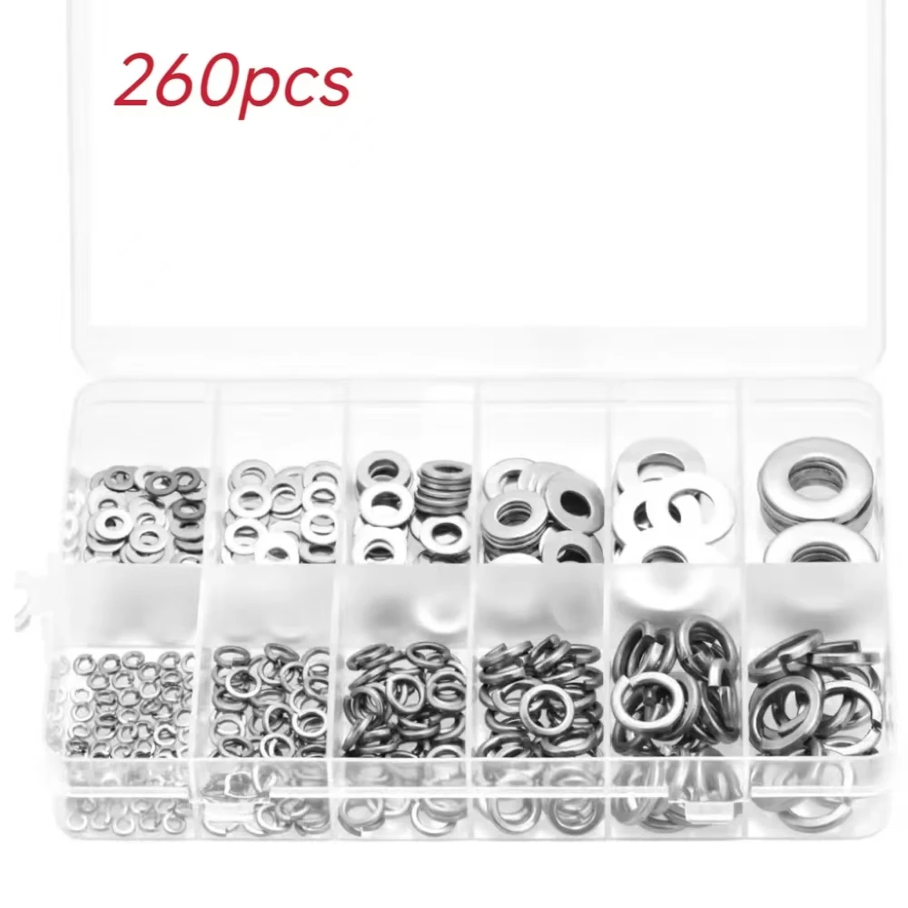 260-teiliges und flaches Unterlegscheiben-Sortimentsset aus Edelstahl M3, M4, M5, M6, M8, M10, Federring- und Unterlegscheiben-Set