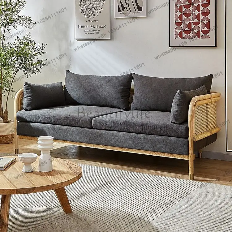 Japanese-style solid wood rattan double sofa small apartment sofa Nordic trio