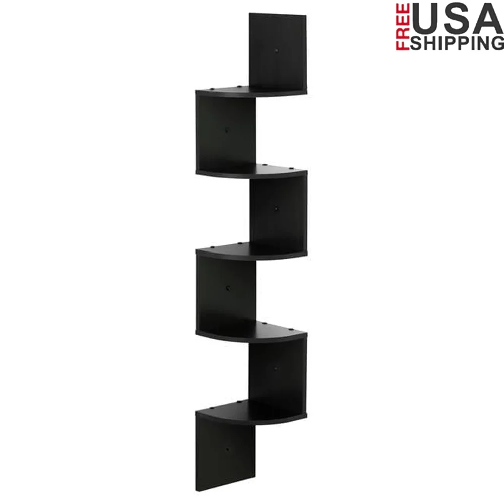

5 Tier Wall Mount Floating Radial Corner Shelf Space Saving Espresso Finish Indoor Display Storage Solution Collectibles Photos