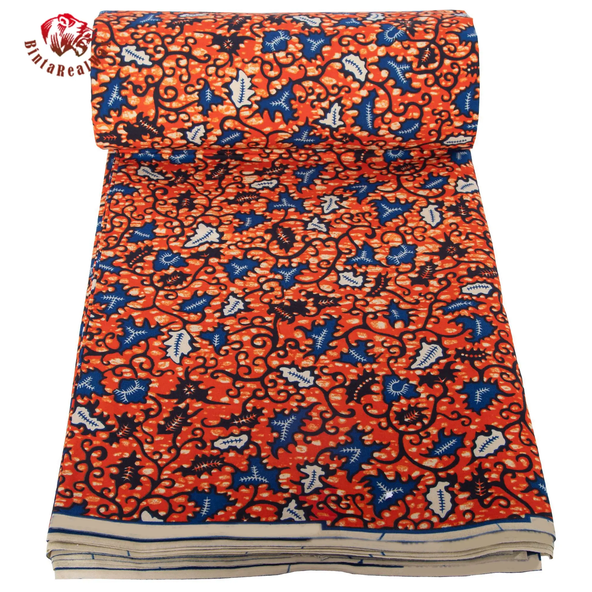 African Wax Print Fabric, Orange Blue White Floral Batik Pattern, 100% Cotton Dutch Wax Ankara Fabric for Dress Skirt 24FS1628 view 5