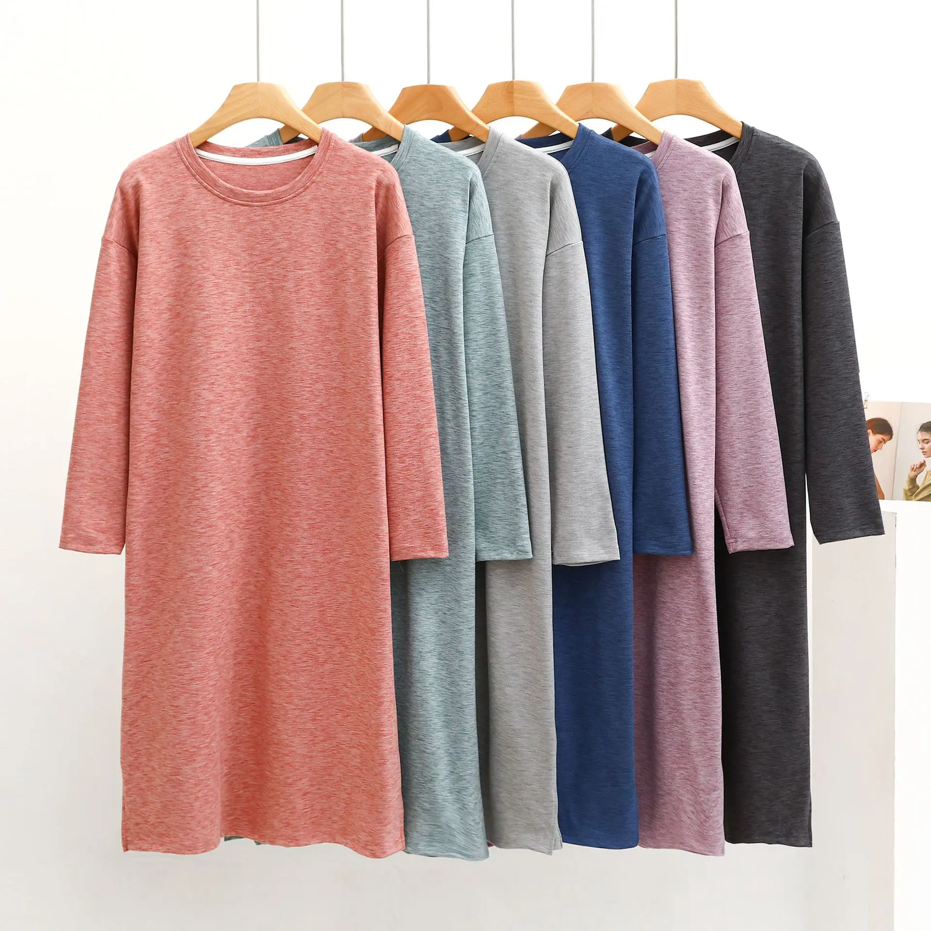 Men's Women's Round Neck Long Sleeve Nightgown Sleepwear Clothes Mid-long Knee Length Soft and Comfortable Nightwear Dresses