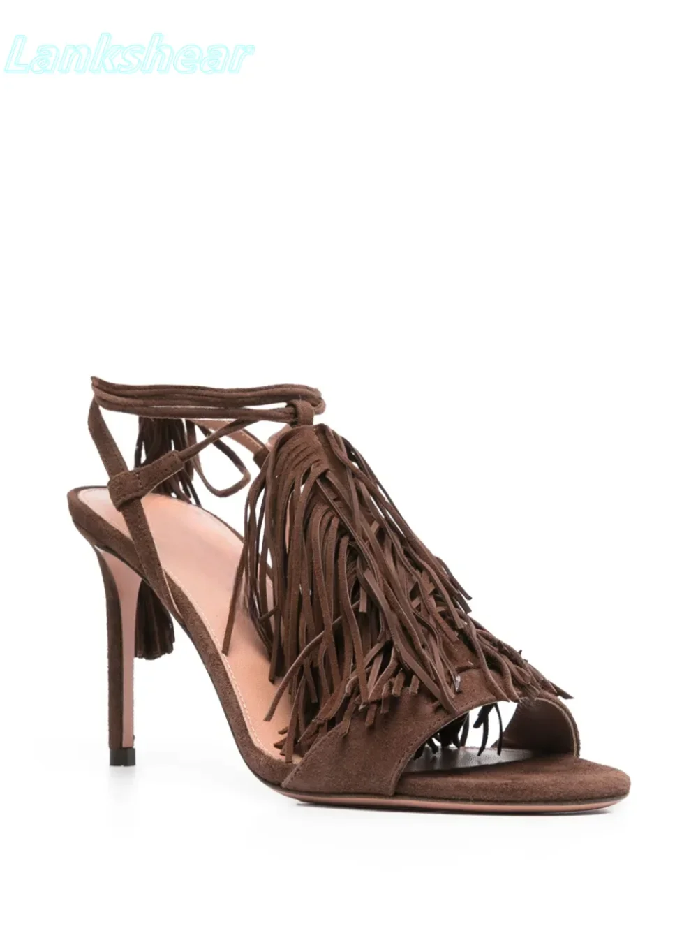 

Коричневые круглые сандалии с открытым носком и бахромой, однотонные женские сандалии на тонком высоком каблуке с ремешком на щиколотке, летние туфли на шпильке, роскошные новинки 2023 года