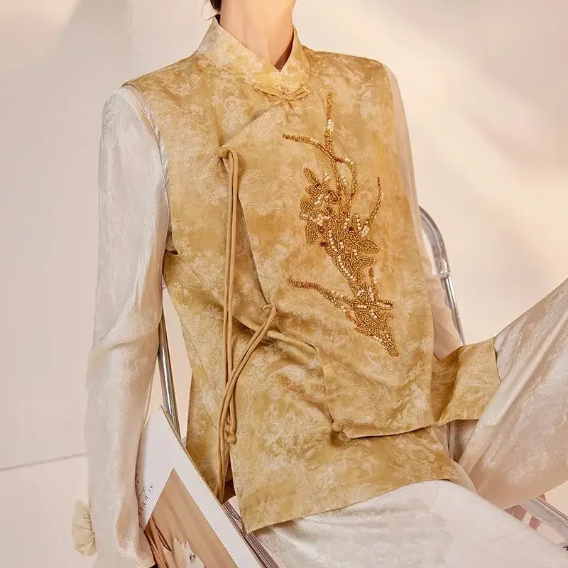 

Роскошный жилет с цветочной вышивкой, новый улучшенный ханьфу в китайском стиле, одежда Тан, женские модные топы ханьфу, винтажная куртка без рукавов