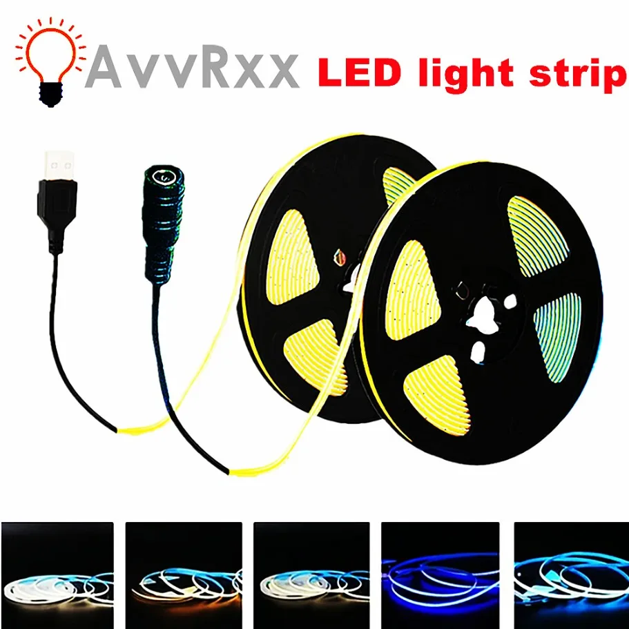 5MM DC 5V 12V USB LED COB Strip 1- 5m LED Strip White Warm White TV Background Lighting light Strip Tape Home Decor String Light