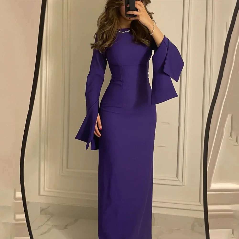 

Simple Jersey Evening Dress Scoop Neck Long Flare Sleeves Straight Floor Length For Wedding Party Women Custom Made Gowns