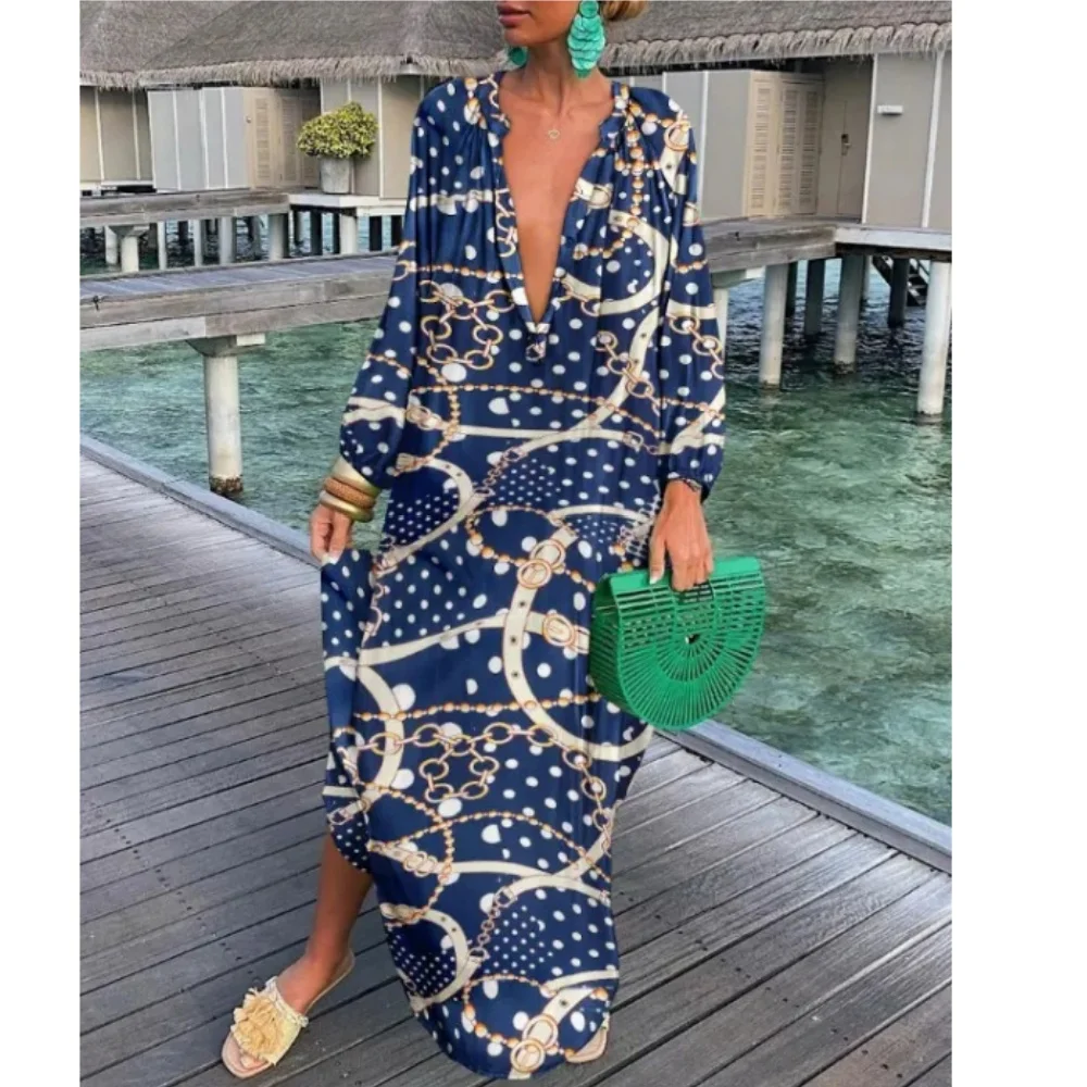 Elegant Women\'s Maxi Dresses 2024 Summer Casual Fashion Retro Print V Neck Loose Boho Long Vacation Beach Dress Female Robes New