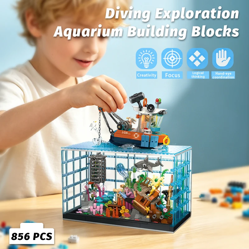 

856 PCS Deep Sea Exploration Aquarium Building Blocks, Light-Up Ornament, Ocean Scene, Compatible with Standard Bricks