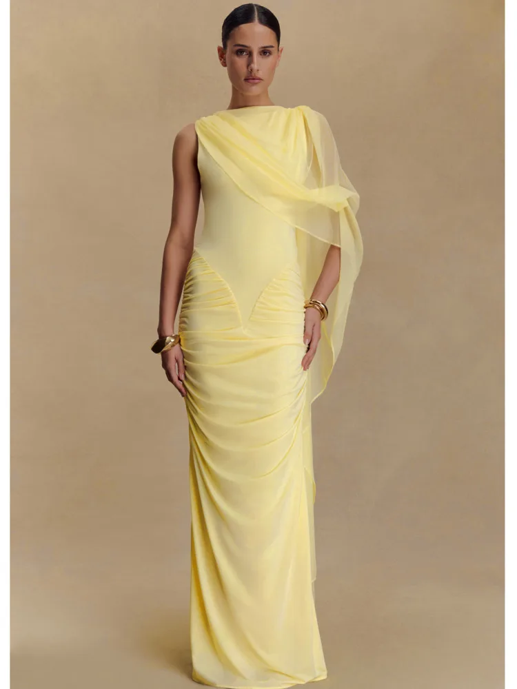 Articat Elegant Sleeveless Mesh Patchwork Bodycon Long Dress Women Double Layer Ruched Party Club Evening Dress Autumn New 2025