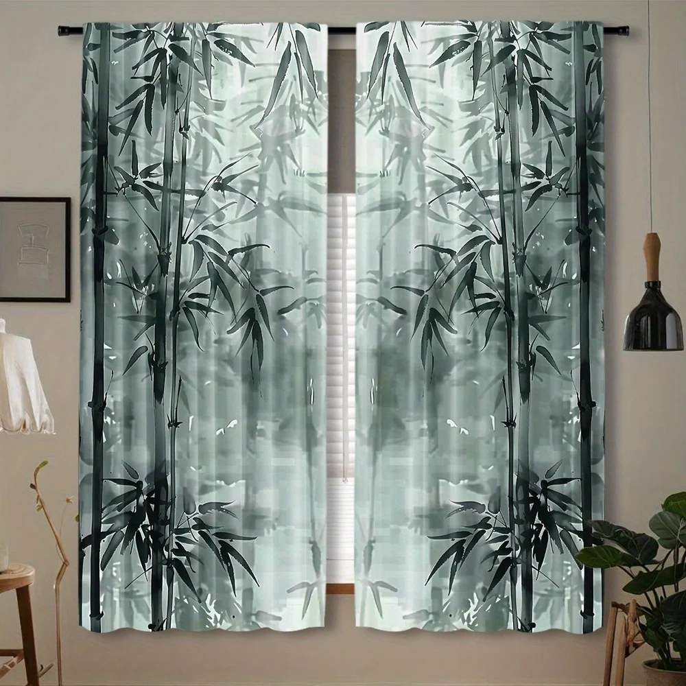 Ink Wash Bamboo Theme Curtain 2 Panels Mist Layered Grey Ink Traditional Chinese Living Room Curtain Elegant Retro Home Decor