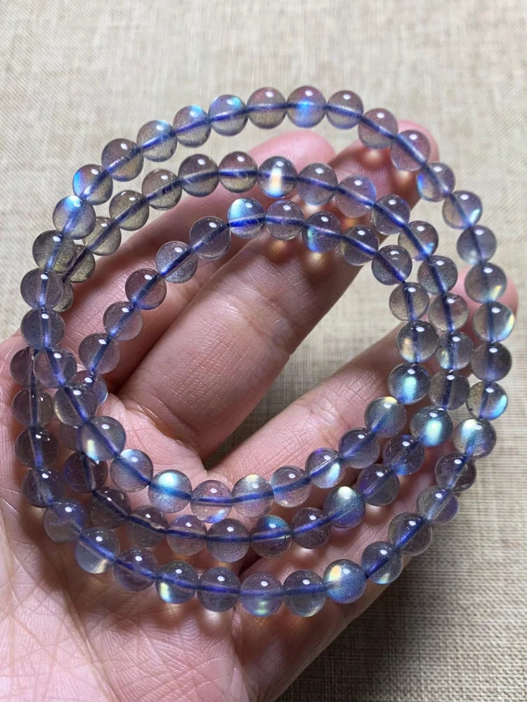 

Natural Colorful Labradorite 3 Laps Bracelet Clear Round Beads Women Men Moonstone 6mm 21 Inches Fashion Stone Rare Gift AAAAA