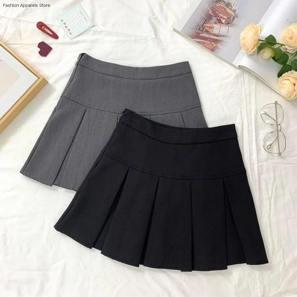 

High Waist Pleated Mini Skirts Short Dress Y2k Simple A-line JK Short Skirt Solid Color Skirts with Safety Pants Streetwear