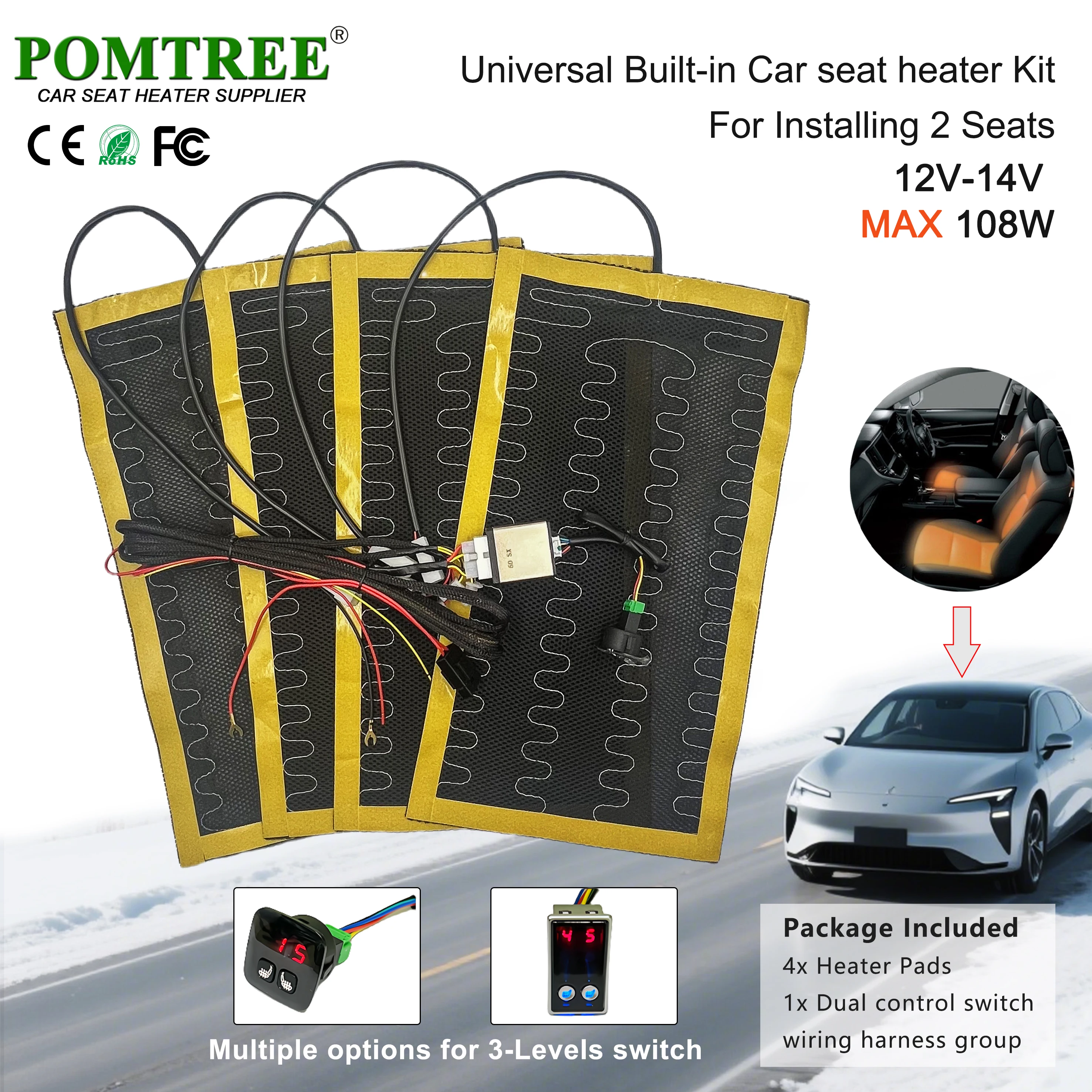 

12V Built-In Car Seat Heater Kit Fit 2 Seats,5-Level Dual Control Digital Display Switch With Alloy Wire Heating Pads Harness
