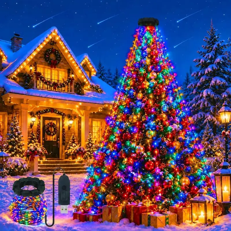 Multicolor Waterfall Christmas Tree Lights 8 Modes Vertical Hanging Fairy String Lights Easy Setup For Indoor Outdoor Xmas Decor
