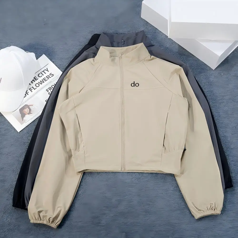 Yoga jacket, American sport windproof and sunscreen stand up collar jacket - outdoor quick drying short zipper breathable top