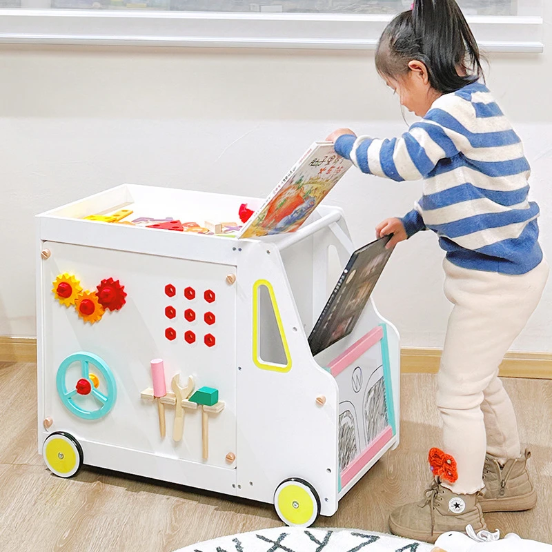 Montessori Wooden Kids Toys Multi Functional Learning Storage Cart Magnetic Blocks Drawing Blackboard Board Games Accessories