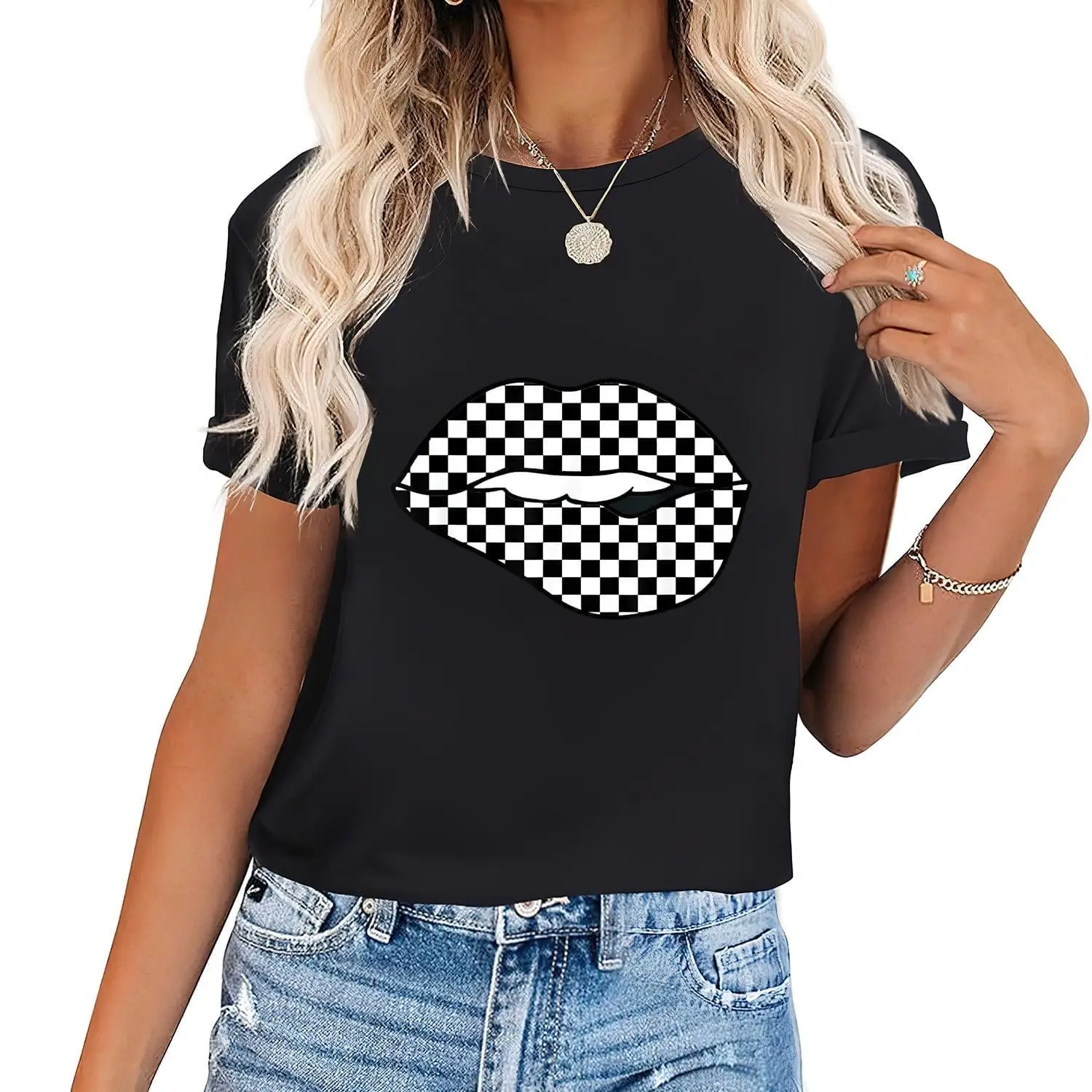 

Cotton Short Sleeve Womens Funny Checkered Black White Lip Gift Cute Checkerboard Women T-Shirt For Women