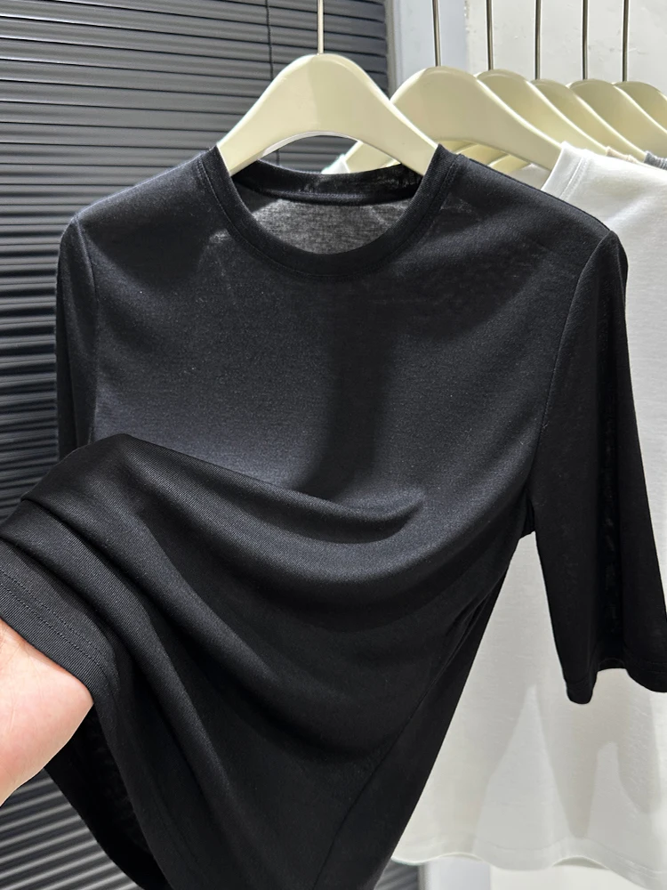 

Korean Sle Knitted Base irt Women's Inner Wear Spring Autumn Bla Small round Ne mid Sve T-irt Top Breathable