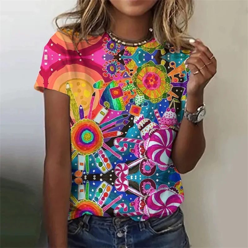 3D Printed Colorful Deer T Shirt For Women Abstract Geometry Graphic Short Sleeves Summer Street O-Neck Tees Tops Loose T-Shirts