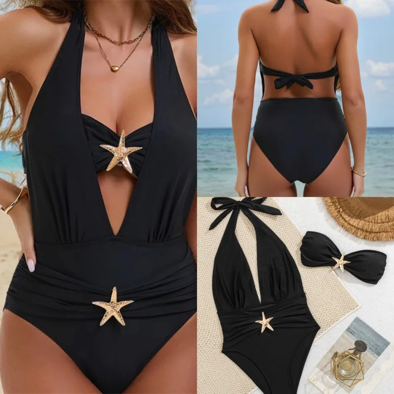 Bikini Sexy con espalda descubierta para mujer, traje de baño de una pieza con tirantes anchos, Bikini fruncido de cintura alta, Color sólido