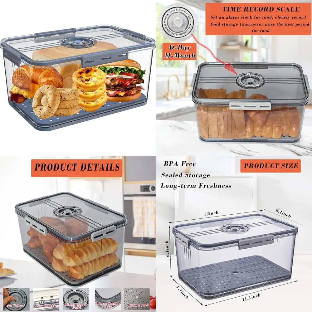 صندوق تخزين الخبز المحكم للمطبخ، حافظة رغيف كبيرة مع غطاء، صندوق خبز لتسجيل الوقت #1