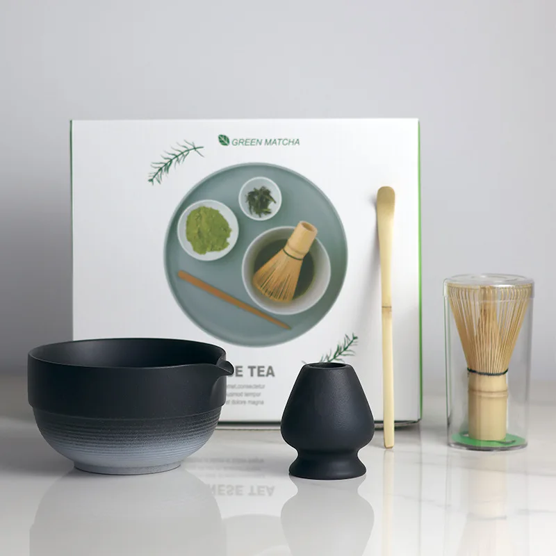 

BespritGift New 4pc Ombre Matcha Bowl Set Japanese Spout Ceramic Whisk Bamboo Scoop Song Dynasty Tea Kit