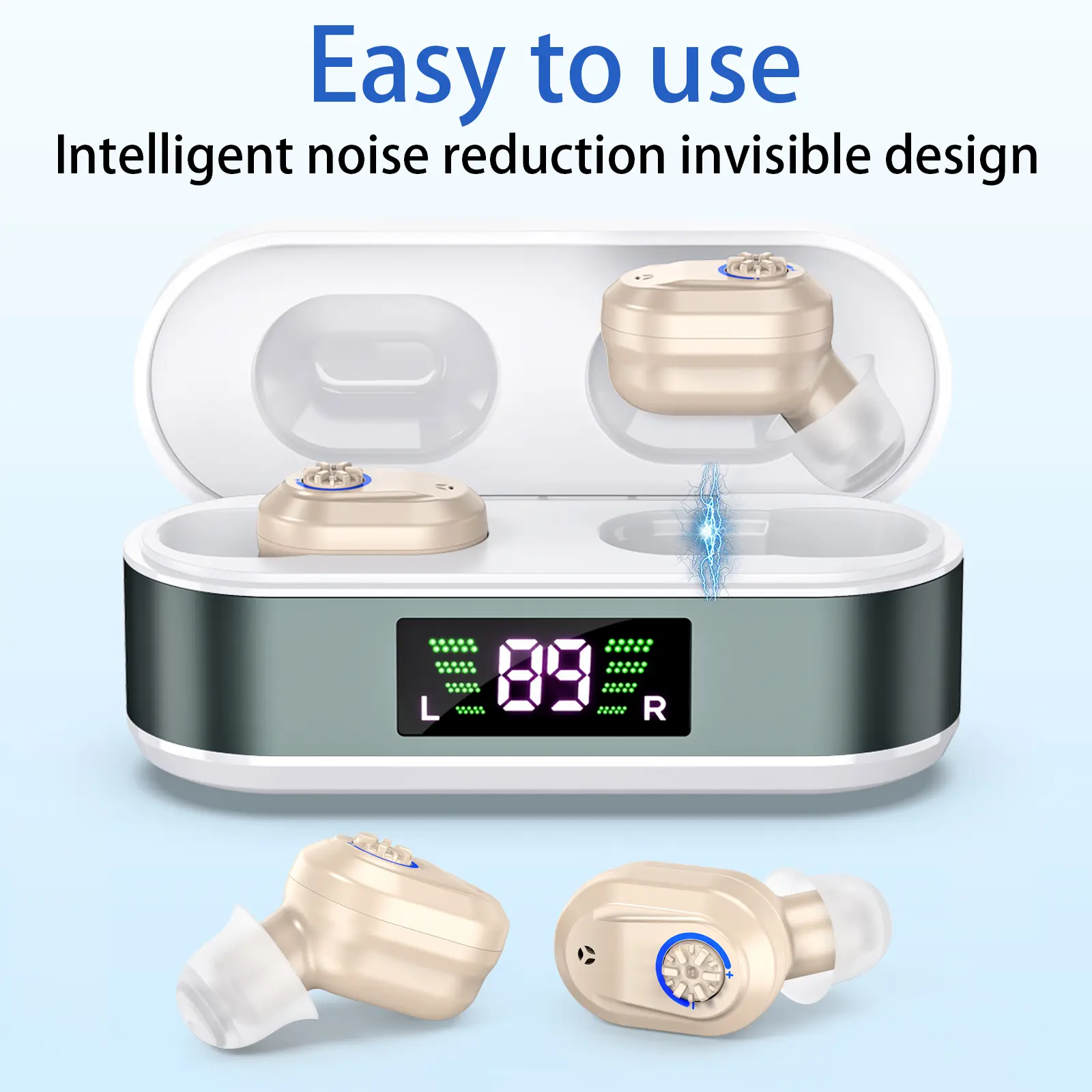 CIC Recarregável Aparelho Auditivo Display Digital, Amplificador de Som Ajustável, Caso De Carregamento Portátil, Perda Auditiva, Idosos