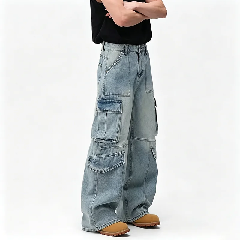 Men'S Spring And Summer Multi Pocket Workwear Design Jeans Retro Washed Japanese And Korean Casual Pants Loose Wide Leg Pants