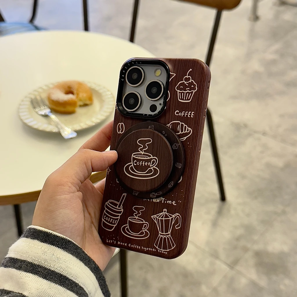 الرجعية خطوط بنية القهوة الكرواسون نمط خشبي مع حامل المغناطيسي غطاء الهاتف القضية آيفون 17 16 15 14 برو ماكس #5