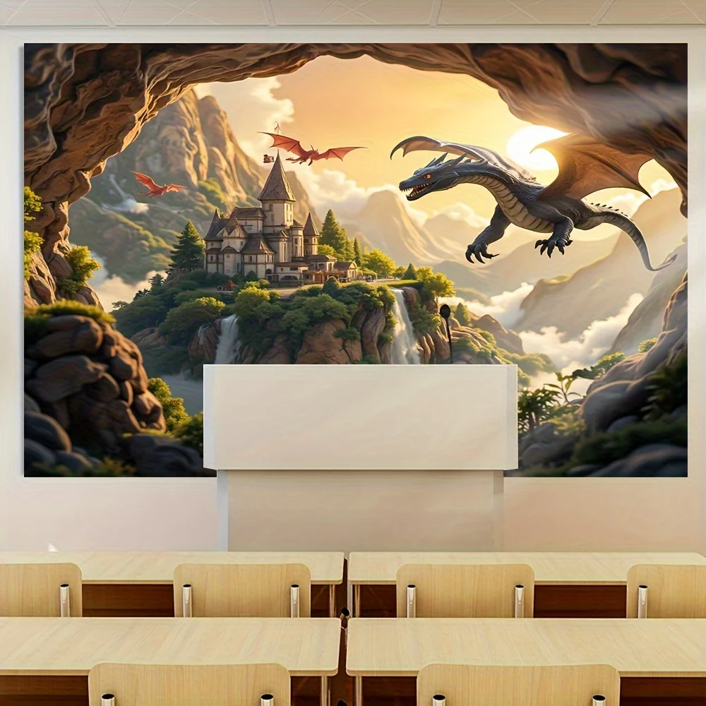 1 шт. гобелен с драконом — средневековый замок и пейзаж-водопад с шипающими драконами, не требуется электричество, легко повесить персиковый свет B