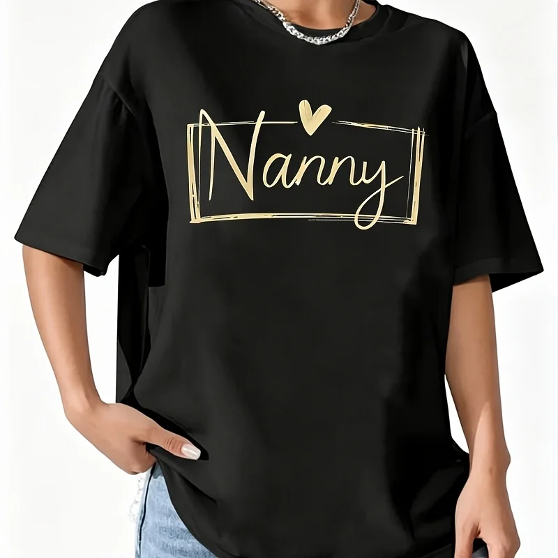 Nanny with Heart Symbol Print Women's 100% Cotton T-Shirt Short Sleeve Top Casual Round Neck Fun Print Tee S-5Xl